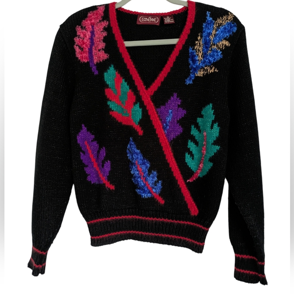 Vintage 80s Leaf‎ Sweater Black Colorful Knit V-Neck Statement